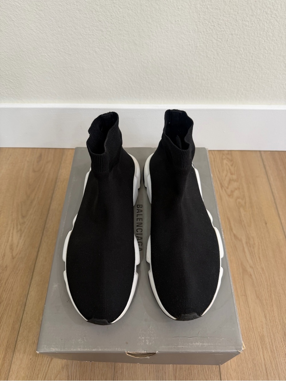 Balenciaga Black Knit High-Top Sock Sneakers with White Logo Sole - Picture 4 of 6